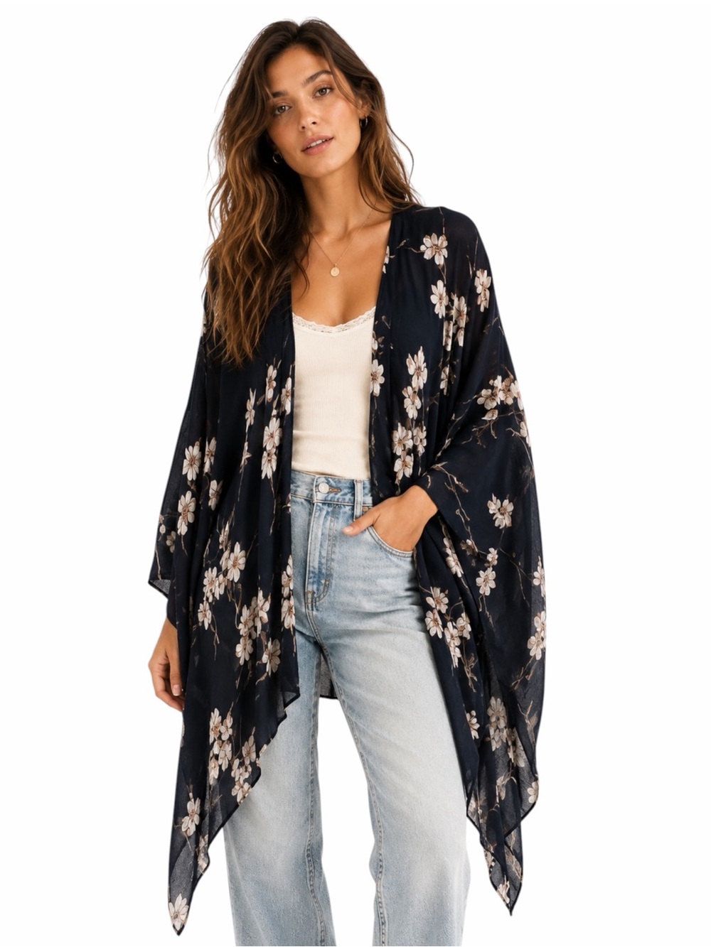 Gentle Fawn – Floral Open Front Kimono Cardigan – Black – One Size